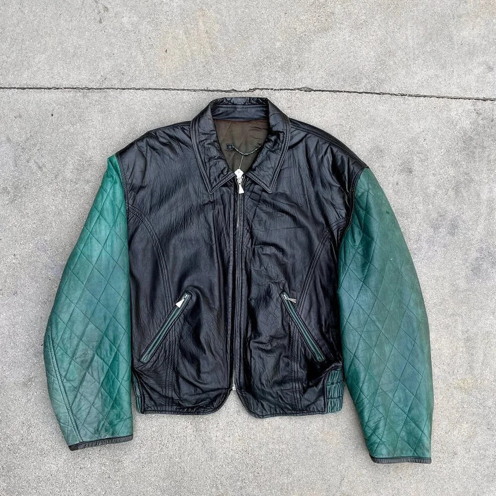Vintage Men's Massimo Gori Color Block Black & Green Leather Bomber Jacket Large
